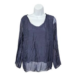 Nina Kendosa Paris Women Blue Silk Top Size M Roll-Tab Sleeve Made In Italy